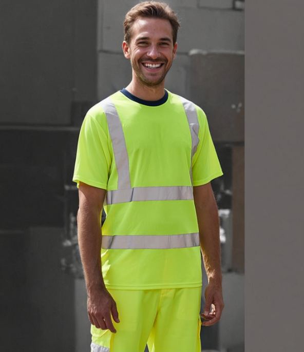 A person wearing a short-sleeved hi-vis yellow T-shirt with reflective bands and a contrast ribbed collar.