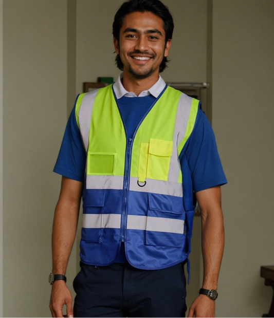 A person wearing a yellow and blue high visibility executive waistcoat with reflective bands and multiple pockets.